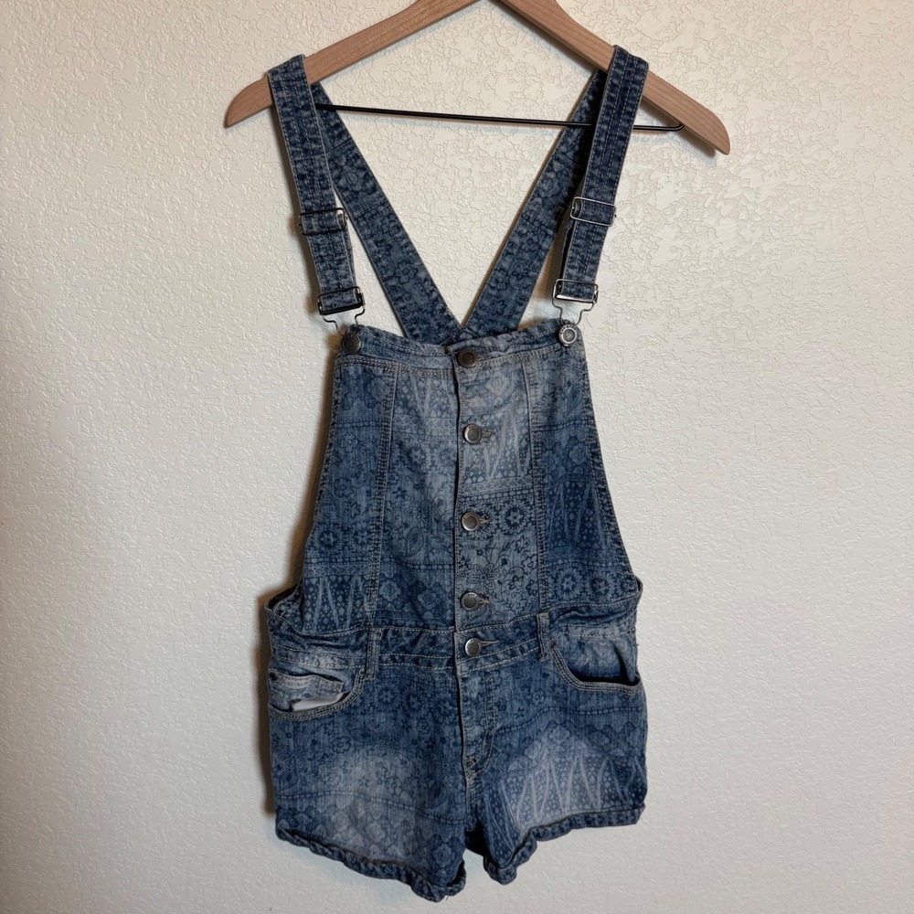 2000's Style Boho Paisley Print Hot Kiss Denim Shortalls Size 13 Blue